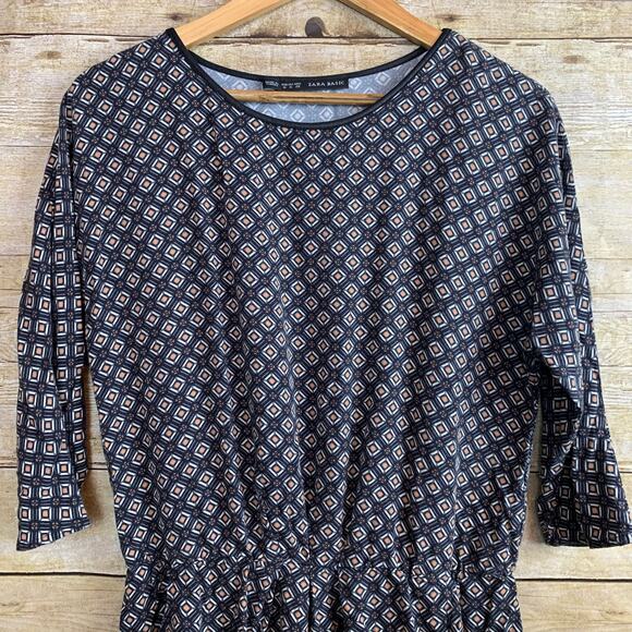Zara Scoop Neck Diamond Print Women's Dress w/ pockets 3/4 Sleeve Medium - Picture 3 of 3